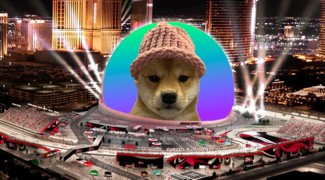 Vegas Sphere mockup using the DogWifHat mascot.